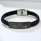 Black Leather Bracelet for Dad Him Men,Engraved Touching Words Stainless Steel Metal Wrsitband,Father's Day Gift