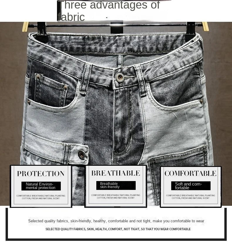 New Arrival High Quality KPOP Splicing Men's Designer Work Pants Jeans Grey Patchwork Korean Fashion Men Luxury Casual Pants