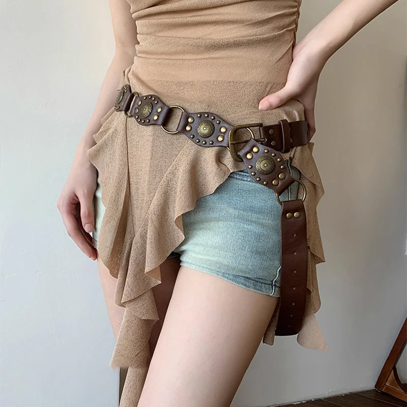 Western Cowboy Belt For Women New American Plus Size Vintage Brown Rivet Belt High-Quality Versatile Denim Belt With Ins Style