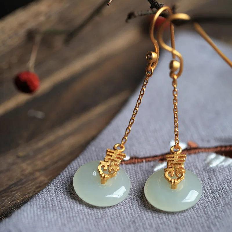 VENTFILLE Hetian Jade Ear Hook Earring Women's High-end Temperament Ethnic Style Retro Earrings Cloisonne Craft Dangler Gift