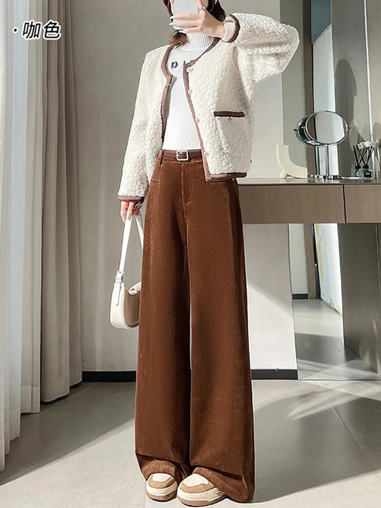 Corduroy suit wide leg pants women in autumn and winter high waist lazy style thick velvet warmth and versatile pants