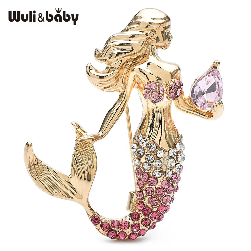 Wuli&baby Beautiful Mermaid Holding a Rhineston Conch Brooches Crystal Tail Pins Jewelry Accessory Gift For Kid and Lover