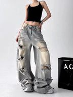 American Vintage Trend Ripped Frayed  Baggy Jeans Women Y2K Street-Style Distressed Design Fashionable Versatile Wide-Leg Pants
