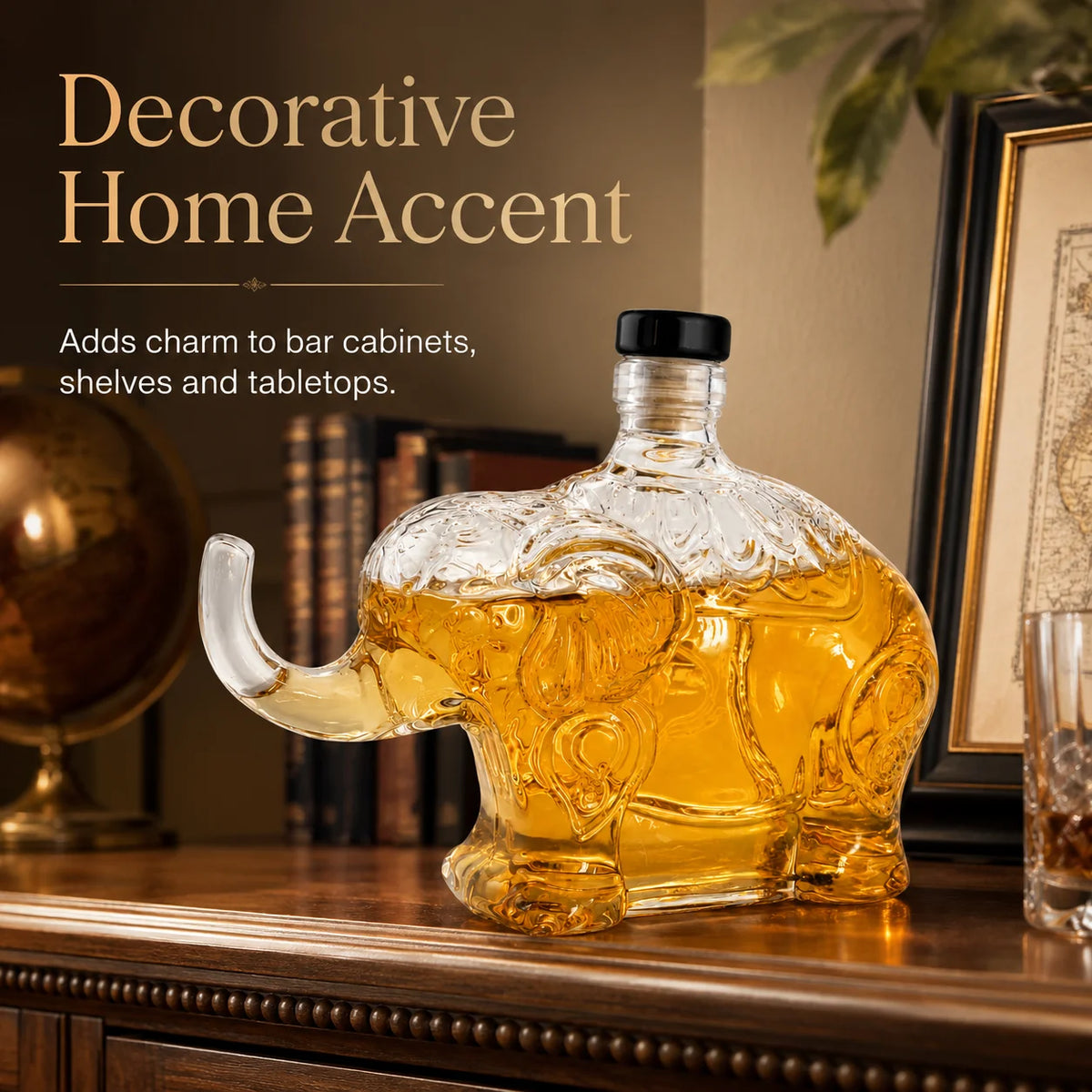 Unique Elephant Design Liquor Decanter Ornate Glass Alcohol Bottle for Whiskey Bourbon and Cognac Storage