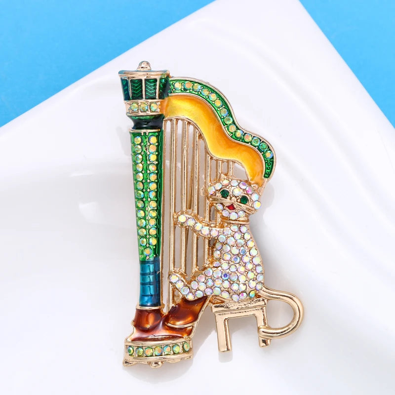 Wuli&baby Sparkling Music Cat Brooch Playing Harp Musician Multicolor Rhinestone Cute Animal Women Brooch Pins Jewelry Gift