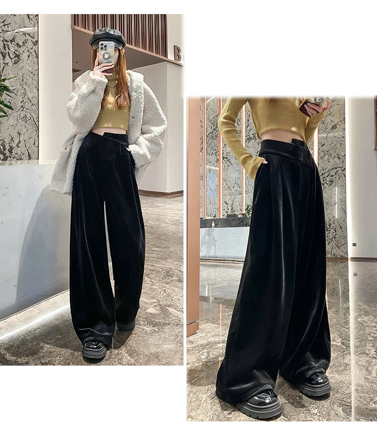 Black Gold Velvet Wide Leg Pants Women Winter Velvet High Waist Drop Feel Straight Tube Versatile Casual Floor Pants