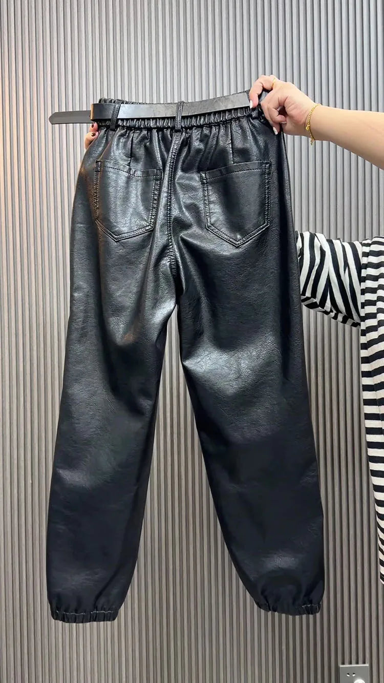 PENDRA Panelled High Waist Straight PU Leather Pants