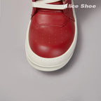 PENDRA Crimson Geobasket Red Leather High-Top Zip Lace-Up Thick-Sole Ankle Boots