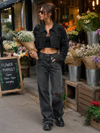 New Women's Vintage Distressed Washed Denim Shorts and Jacket, Slim Fit, Casual Summer Style.