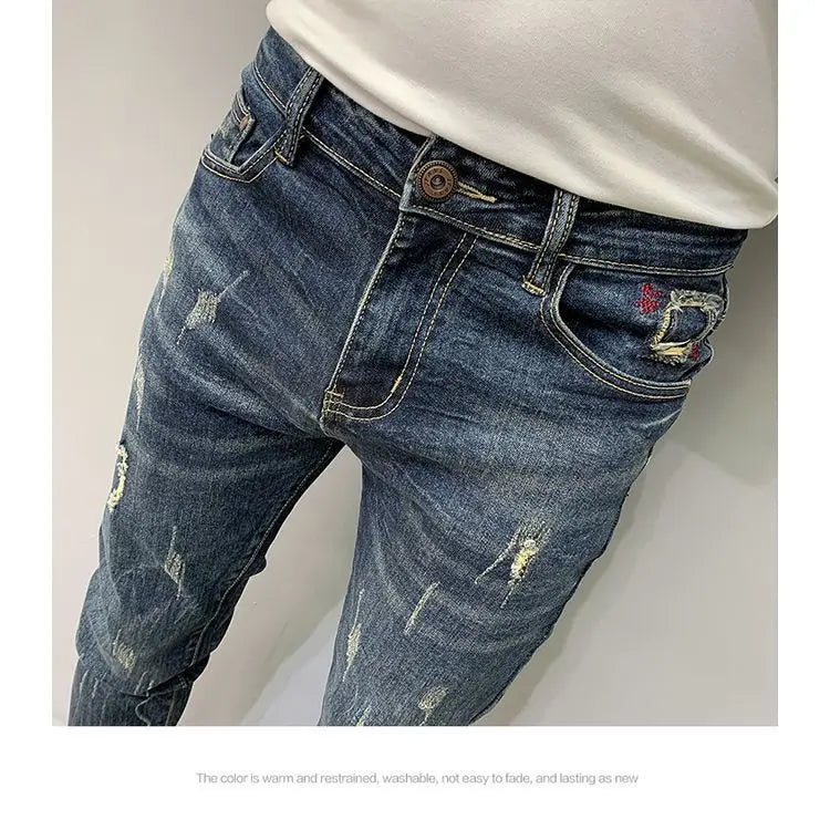 Harajuku Fashion Autumn New Blue Jeans Men's Trendy Brand Scratches Cargo Work Korean Slim-fitting Trousers Luxury Elastic Pants