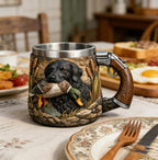 3D Embossed Duck Hunting Mug - Stainless Steel, Pistol Grip Handle, Vintage Outdoor Coffee Cup for Hunters & Wildlife Lovers