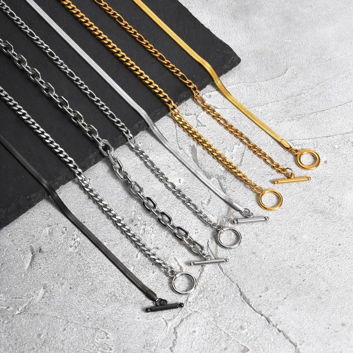 Men's Chain Necklace,Stainless Steel Cuban Chain Figaro Chain Collar,Classic Basic Gold Black Silver Color Chain