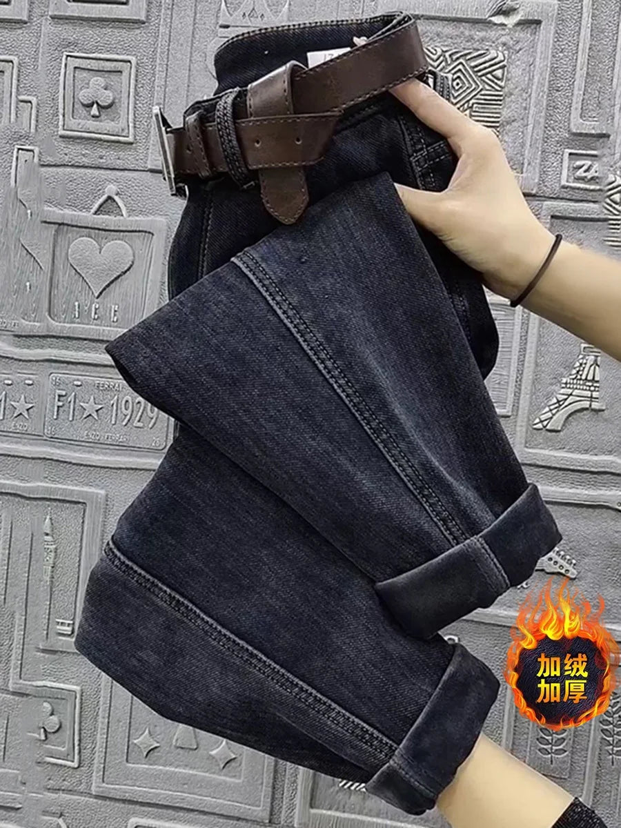 Autumn Winter High Waist Straight Jeans Women Loose Fit Stretch Haren Denim Pants Vintage Ladies Ankle-Length Jeans Pants 5XL