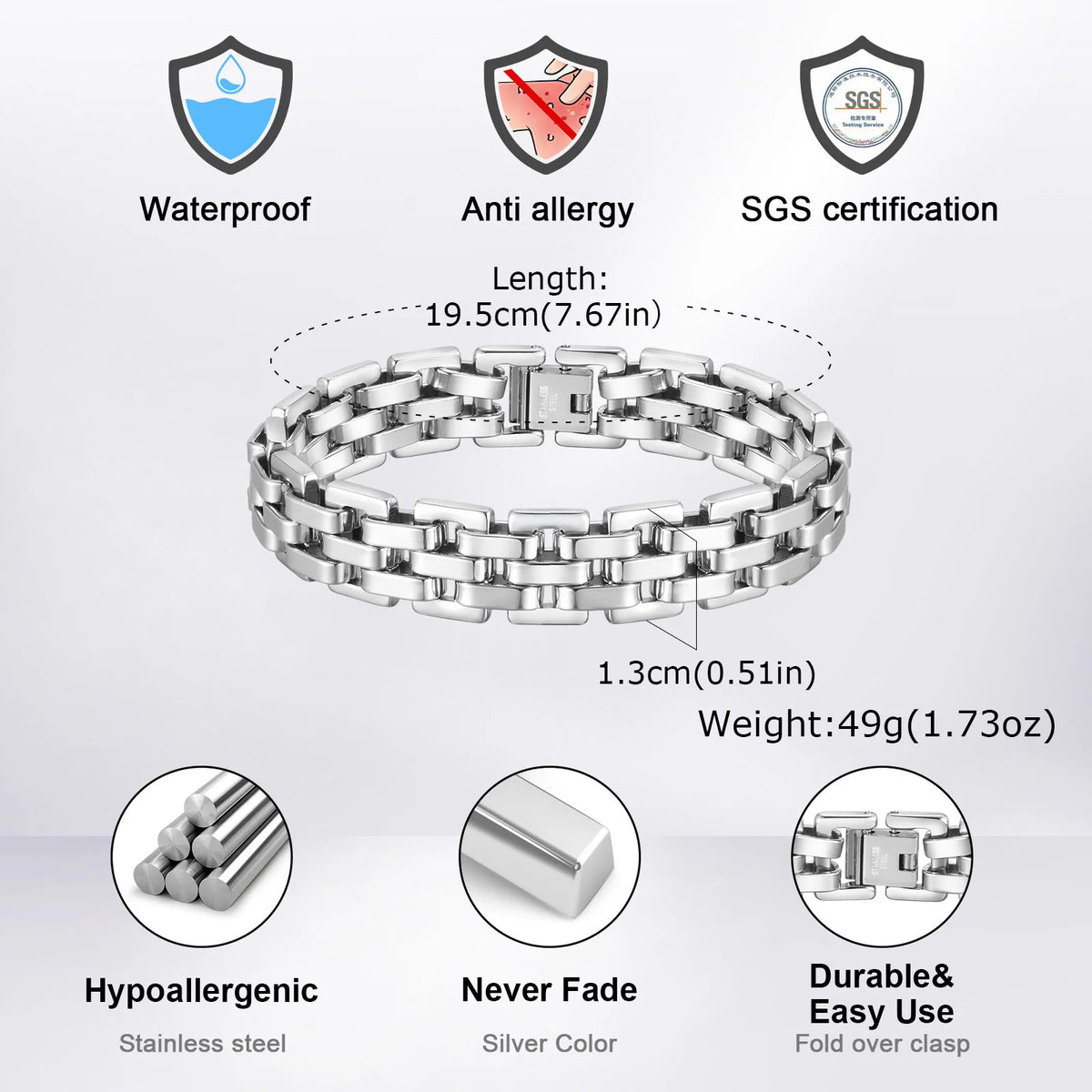 Chunky Stainless Steel Bracelets for Men,13MM Waterproof Chain Links Wristband,Trendy Punk Jewelry Gifts