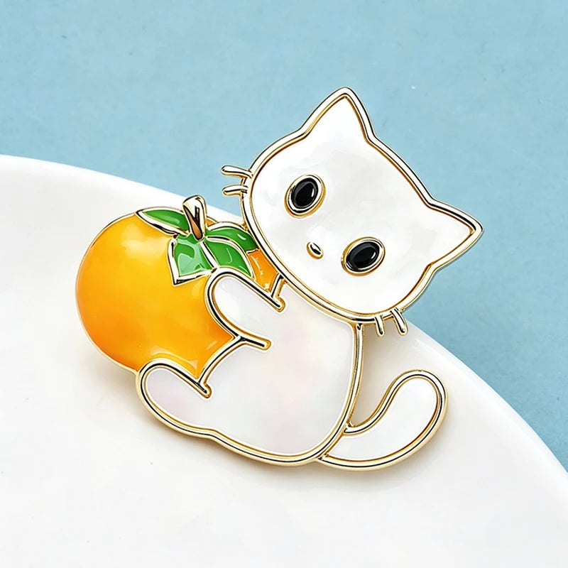 PENDRA Lovely Holding Persimmon Tomato Cat Brooch