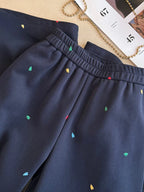 Design sense contrasting color embroidery casual pants women in winter elastic waist straight high waist wide leg pants