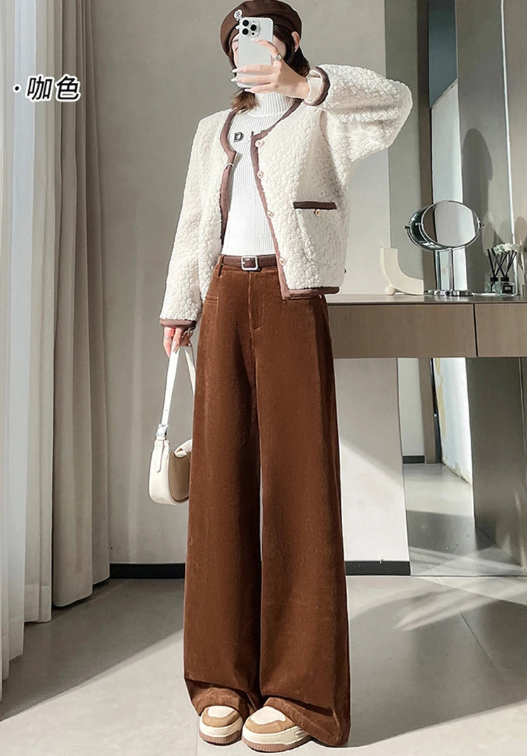 Corduroy suit wide leg pants women in autumn and winter high waist lazy style thick velvet warmth and versatile pants