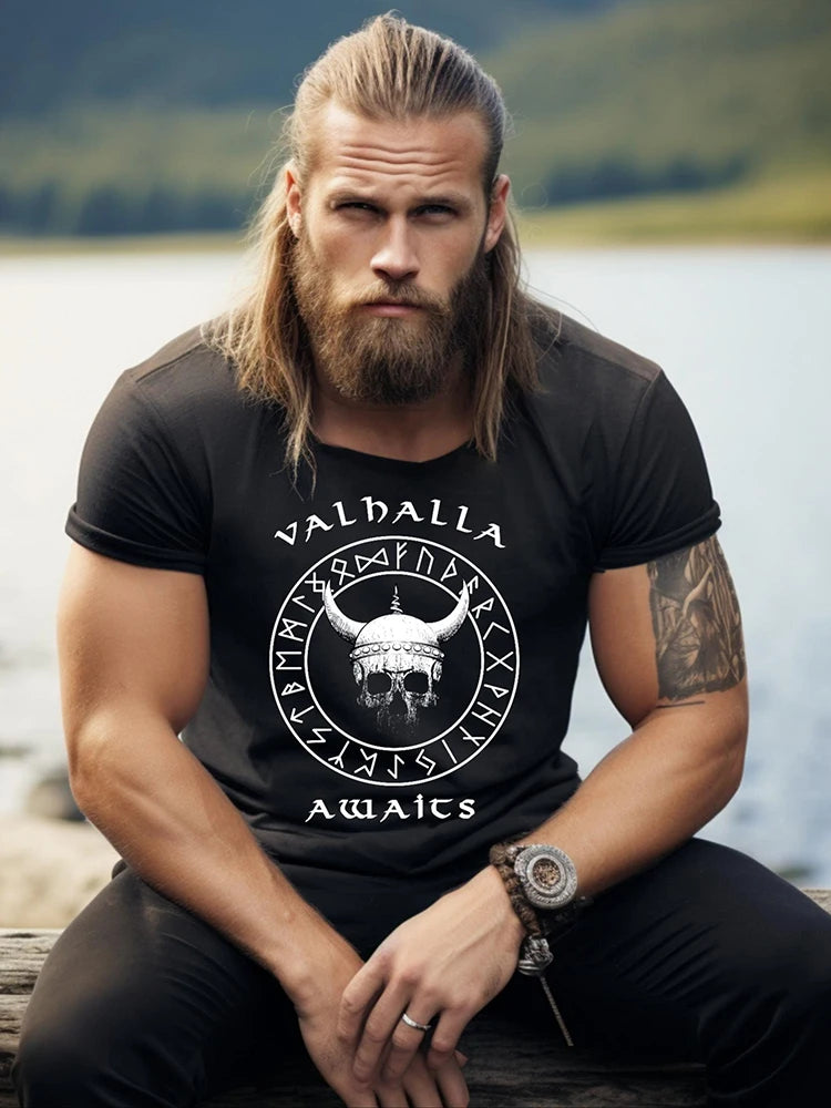 Valhalla Awaits Viking T-shirt Norse Mythology T-shirt Summer Outdoor Casual Men's T-shirt Street Fashion Men's Short Sleeve Top