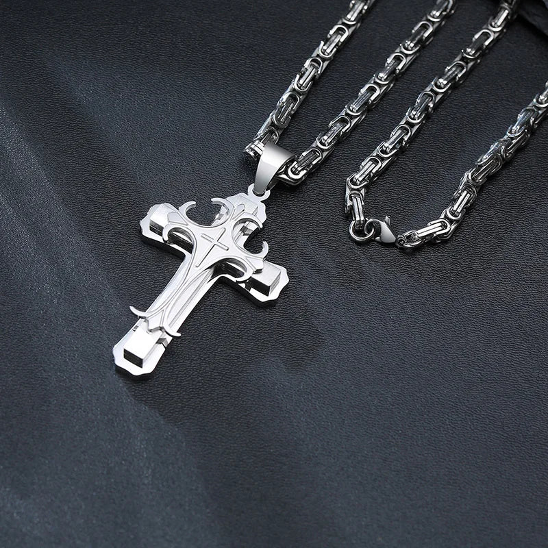 Rock Cross Necklace for Men,Gold Color Stainless Steel Stylish Byzantine Chain,Catholic Crucifix Pendant Collar Jewelry