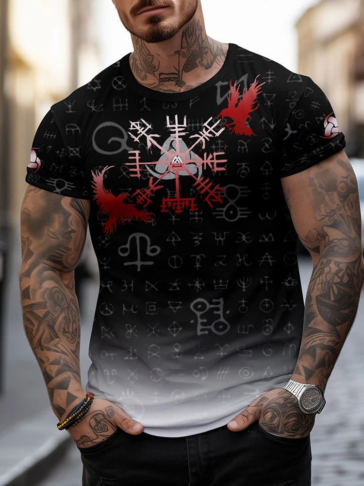 Viking-style Nordic Mythology Print Men's T-shirt Outdoor Street Sport Fitness Short-sleeved Shirt Daily Casual Fashionable Top