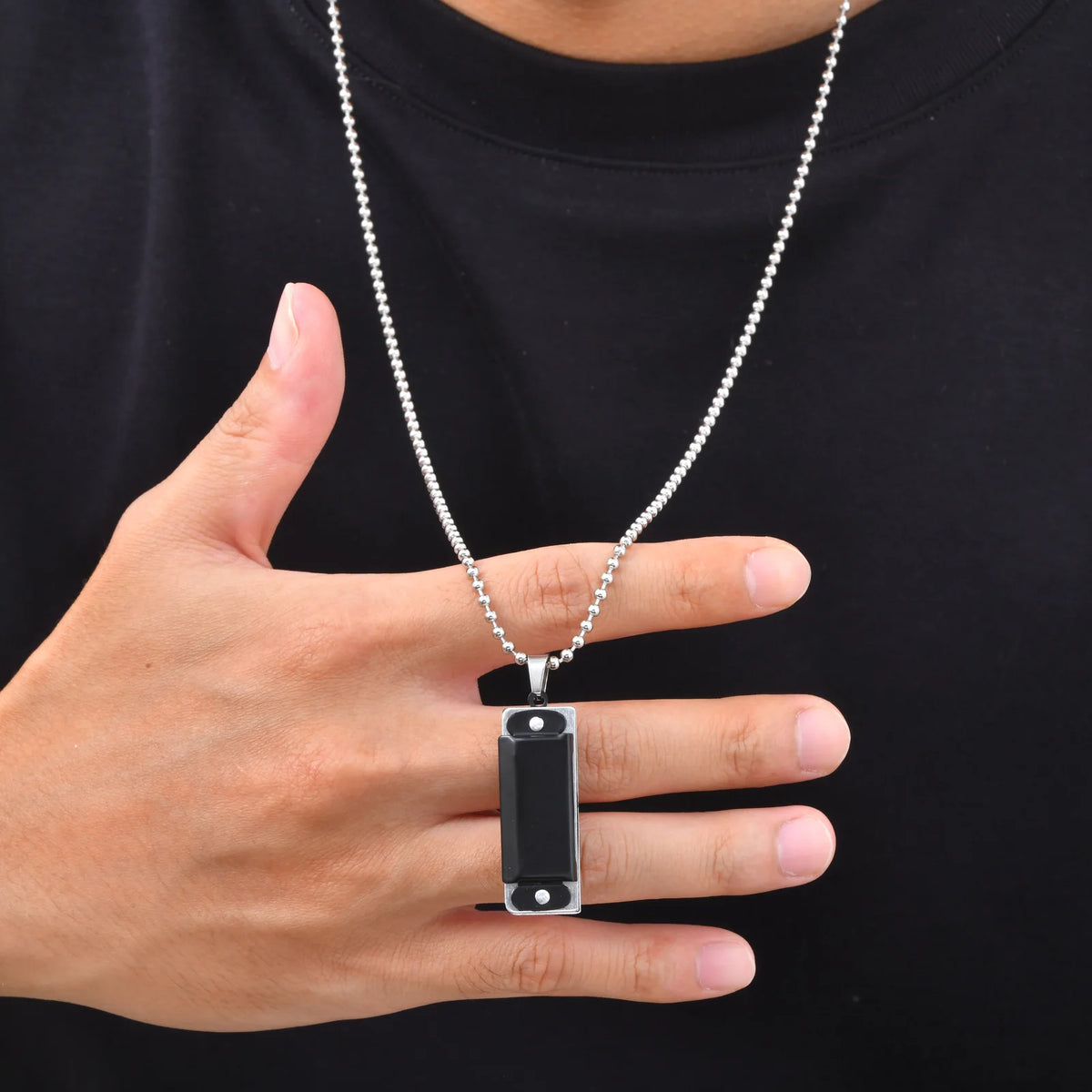 Playable Mini Harmonica Necklace for Men,Rectangular Pendant with Stainless Steel Ball Chain,Punk Music Lover Jewelry Gift