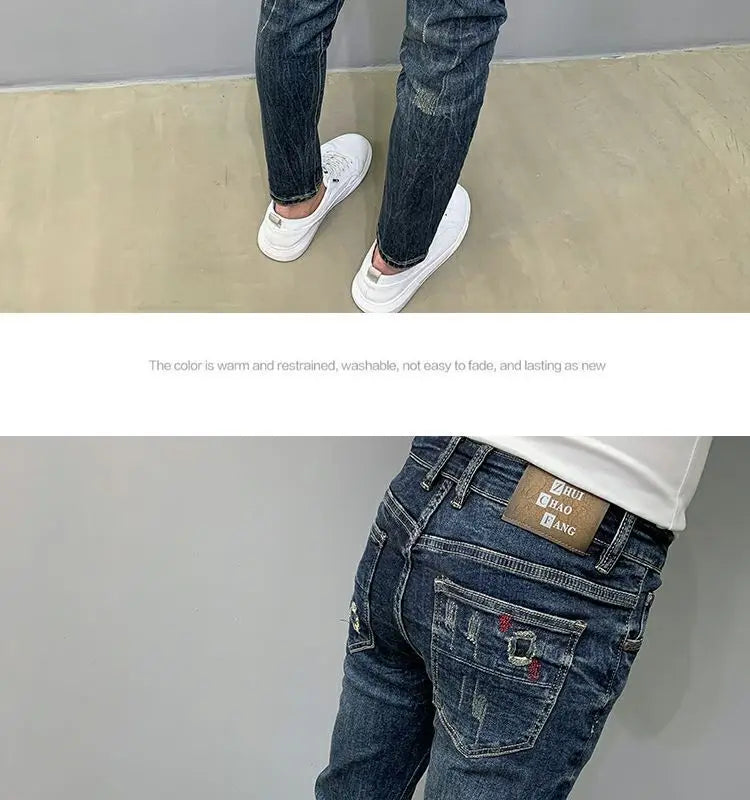 Harajuku Fashion Autumn New Blue Jeans Men's Trendy Brand Scratches Cargo Work Korean Slim-fitting Trousers Luxury Elastic Pants