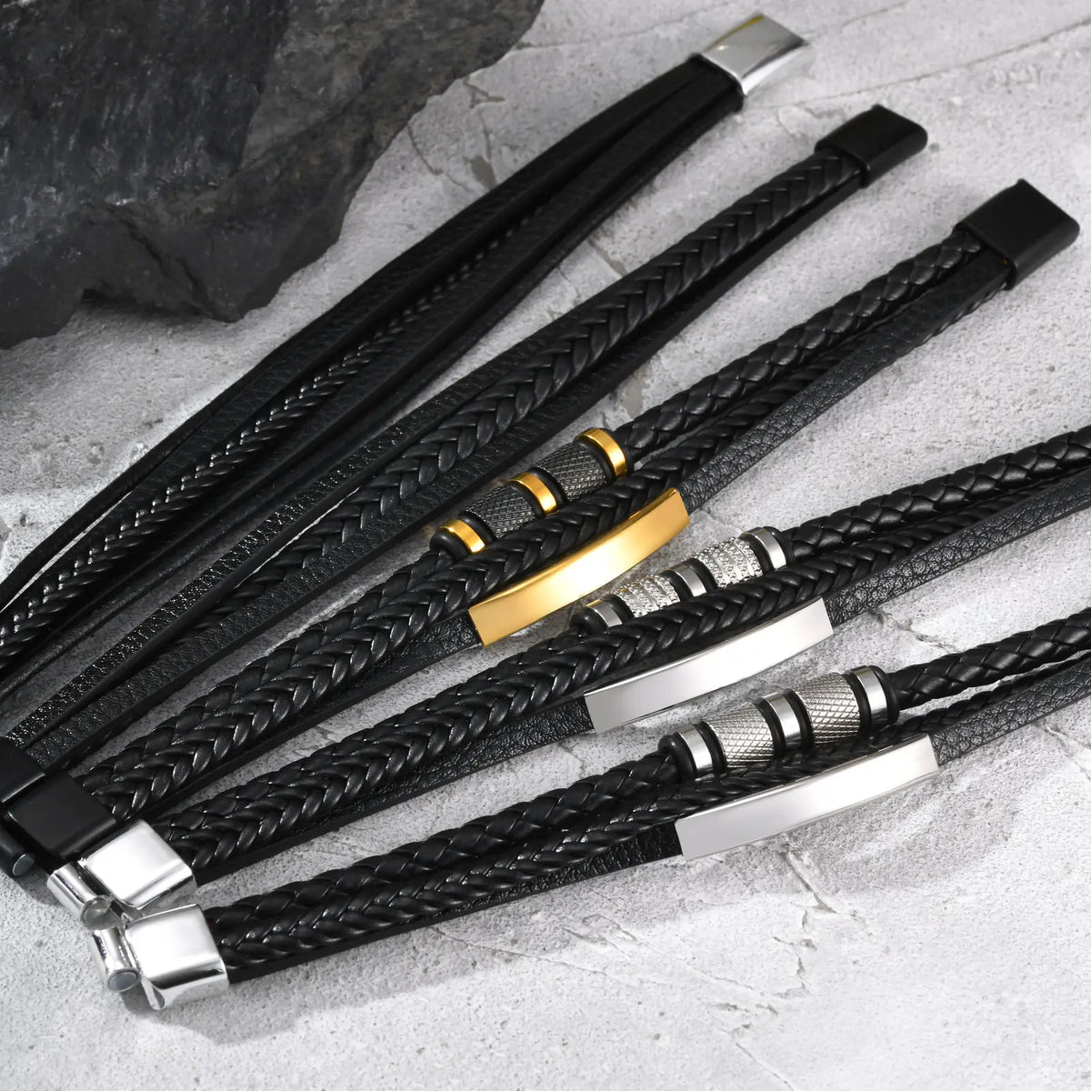 Black Multi Layers Leather Bracelet for Men,Metal Tube Charm Handmade Braided Rope Leather Bracelet,Gift for Husband Dad Son