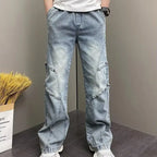 PENDRA Drawstring Elastic Waist Harlan Straight Black Cargo Hombre Jeans