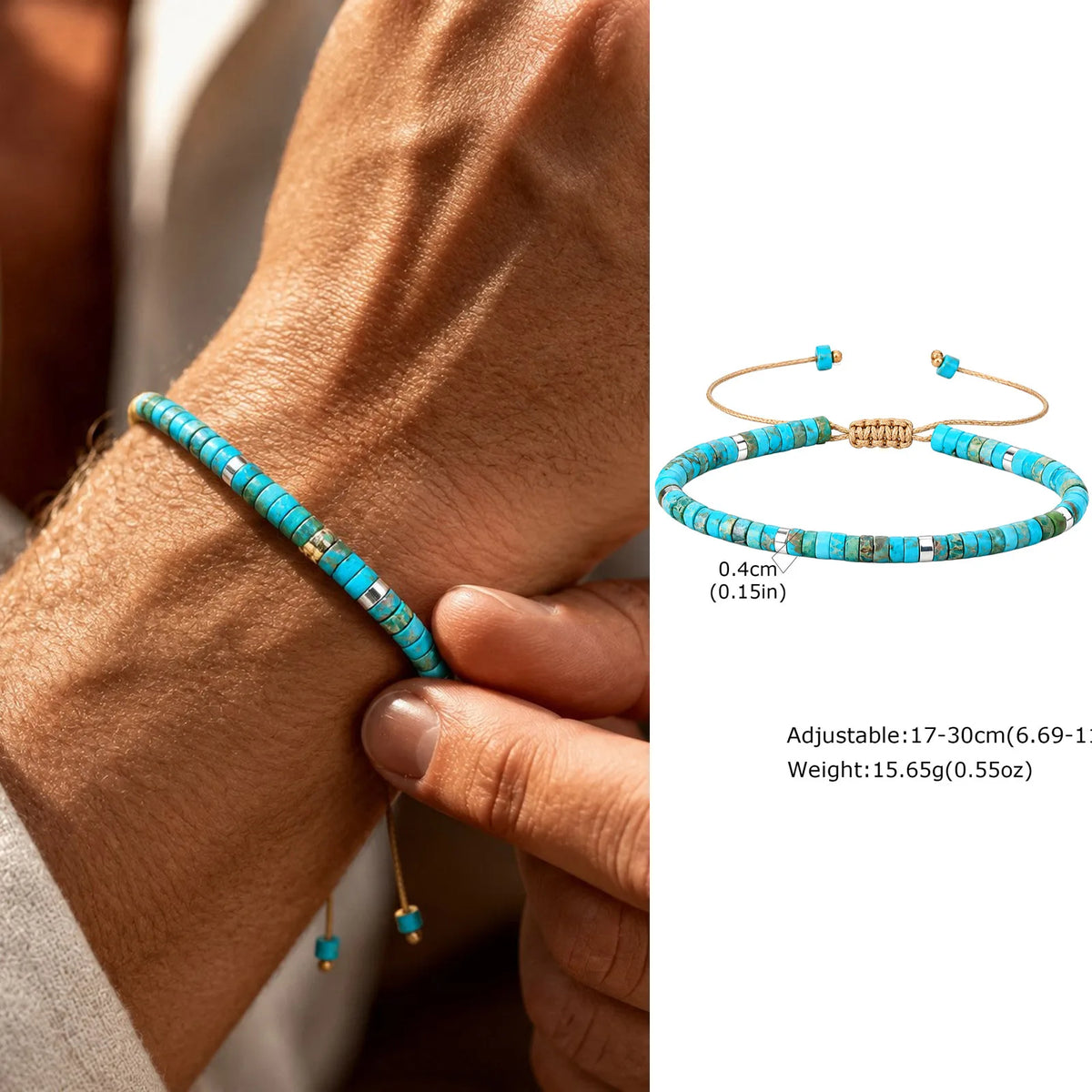 Bohemian Natural Stone Beads Bracelet for Men,Handmade Turquoise Adjustable Rope Wristband,Summer Trendy Jewelry Gift