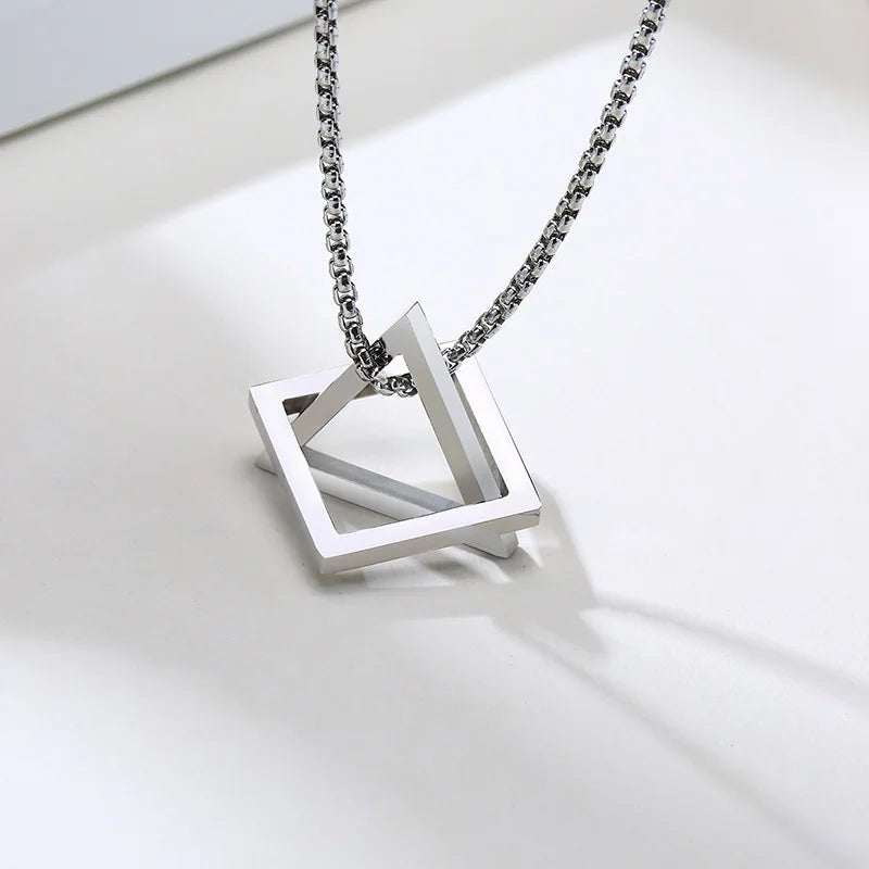 Popular Men Necklace,Interlocking Square Triangle Stainless Steel Pendant Necklaces,Trendy Geometric Detachable Pendant Gifts