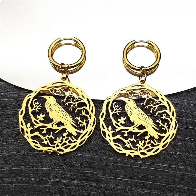 Goth Crow Hoops Ear Rings for Women Stainless Steel Gold Color Hollow Animal Raven Earrings Jewelry Halloween Gift EZZZ955S06