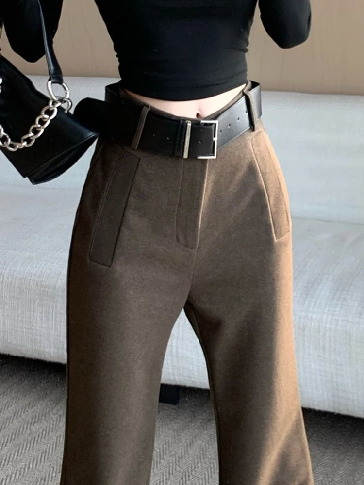 Retro solid color pants women autumn and winter high waisted casual and fashion versatile floor length flared trousers