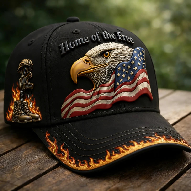 Home of The Free Eagle American Flag Baseball Cap Patriotic Military Style Flame Design Adjustable Hat for Men Outdoor Wear