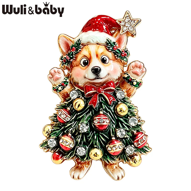 PENDRA Corgi Rhinestone Christmas Tree Brooch