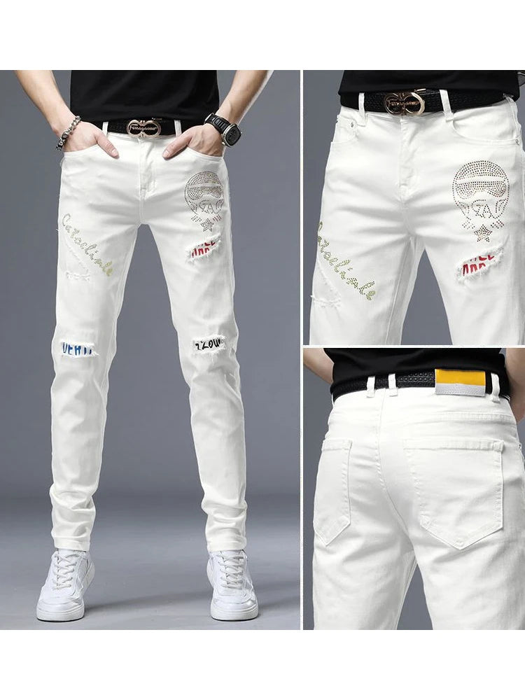 Spring Summer White Hot Drill Ripped Cowboy Korean Style Streetwear Men Washed Luxury Holes Slim Hip-hop Stylish Jeans Trousers