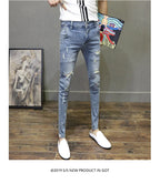 Light-colored Distressed Denim Cropped Trousers For Men Personality Slant Pocket Design, Embroidered Slim-fit Pencil Trousers