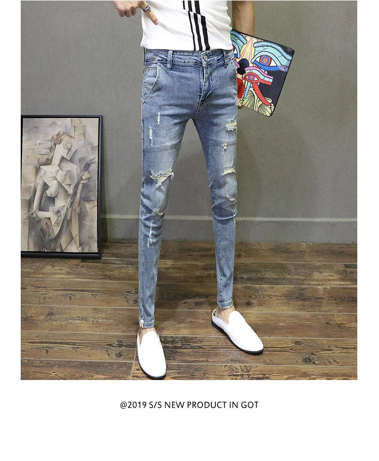 Light-colored Distressed Denim Cropped Trousers For Men Personality Slant Pocket Design, Embroidered Slim-fit Pencil Trousers