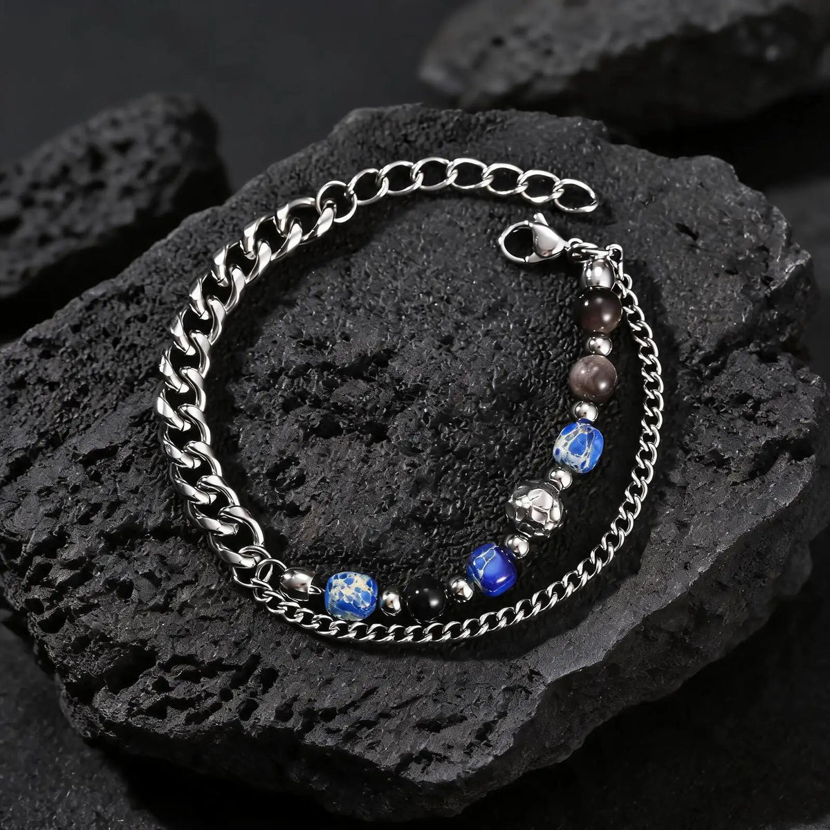 Hip Hop Natural Stone Beaded Bracelet for Men,Stainless Steel Turquoise Double Layer Spliced Chain Bracelet,Boho Jewelry