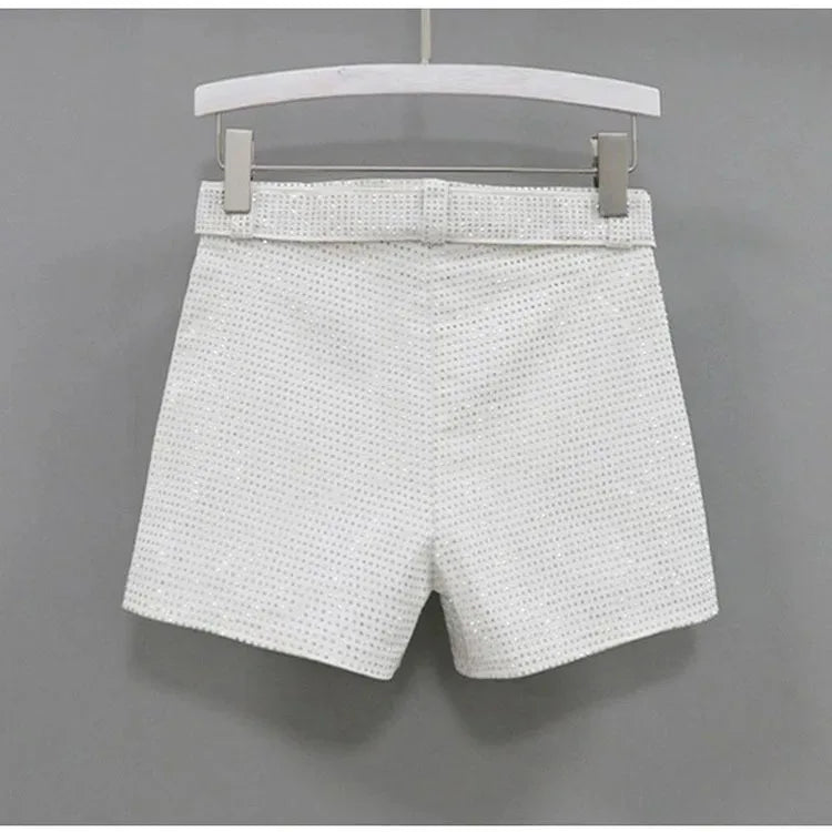 Rhinestone Shorts Women Wide Leg Shorts High Waist Sexy New Fashion Elastic Waist Diamond Casual Hot Pants Female belt