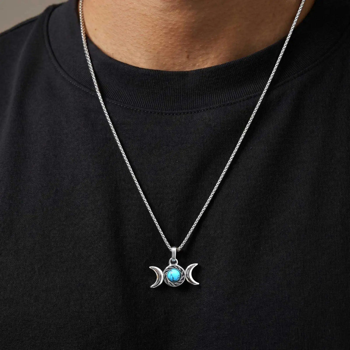 Viking Trinity Knot Natural Stone Necklace for Men,Stainless Steel Turquoise Triple Moon Goddess Necklace,Lucky Amulet Jewelry