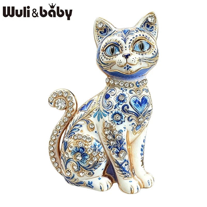 PENDRA Painted Enamel Rhinestone Cat Brooch