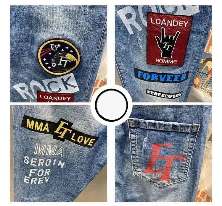 Spring Summer White Hot Drill Ripped Cowboy Korean Style Streetwear Men Washed Luxury Holes Slim Hip-hop Stylish Jeans Trousers