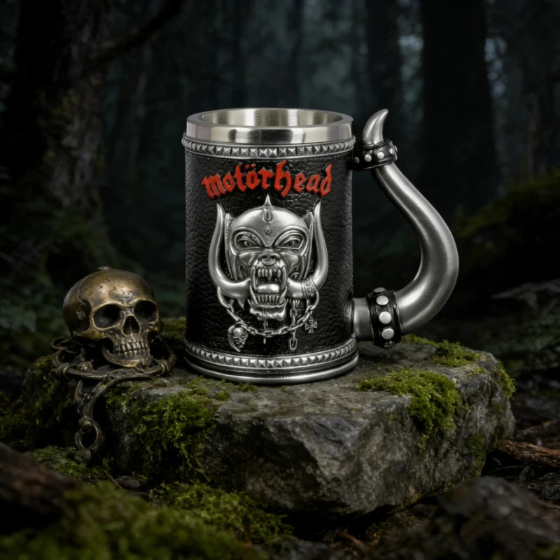 Gothic Rock Collectible Mug Hand-Polished 3D Embossed Skull, Stainless Steel Inner Unique Horn Handle Heavy Metal  Coffee Cup