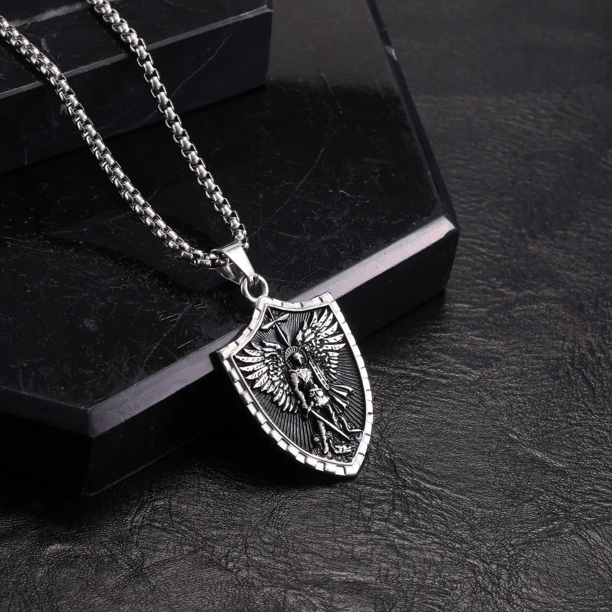 Stainless Steel St. Michael Shield Necklace for Men,Vintage Oxidized Saint Michael Pendant,Catholic Protection Jewelry Gift