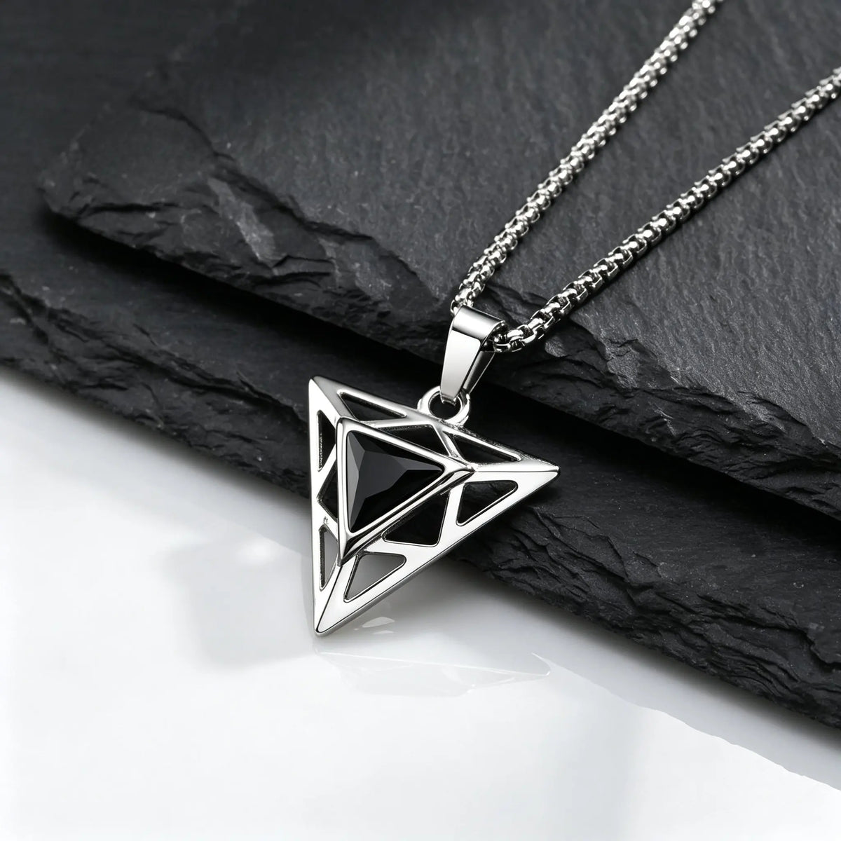 Black Triangle Stone Pendant Necklace for Men,Stainless Steel Hollow Geometric Pendant Necklace,Gothic Punk Hip Hop Jewelry Gift