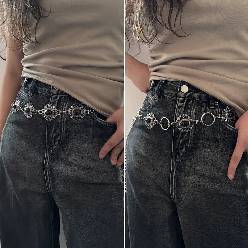 Women's Cosplay Waist Chain Belt Female Black Gems Stone Crystal Halloween Costume Gothic Accessories Punk Jeans Waistband