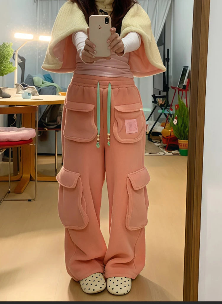 American style retro thick casual cargo pants women in winter new lamb wool loose fit fashion versatile wide leg pants