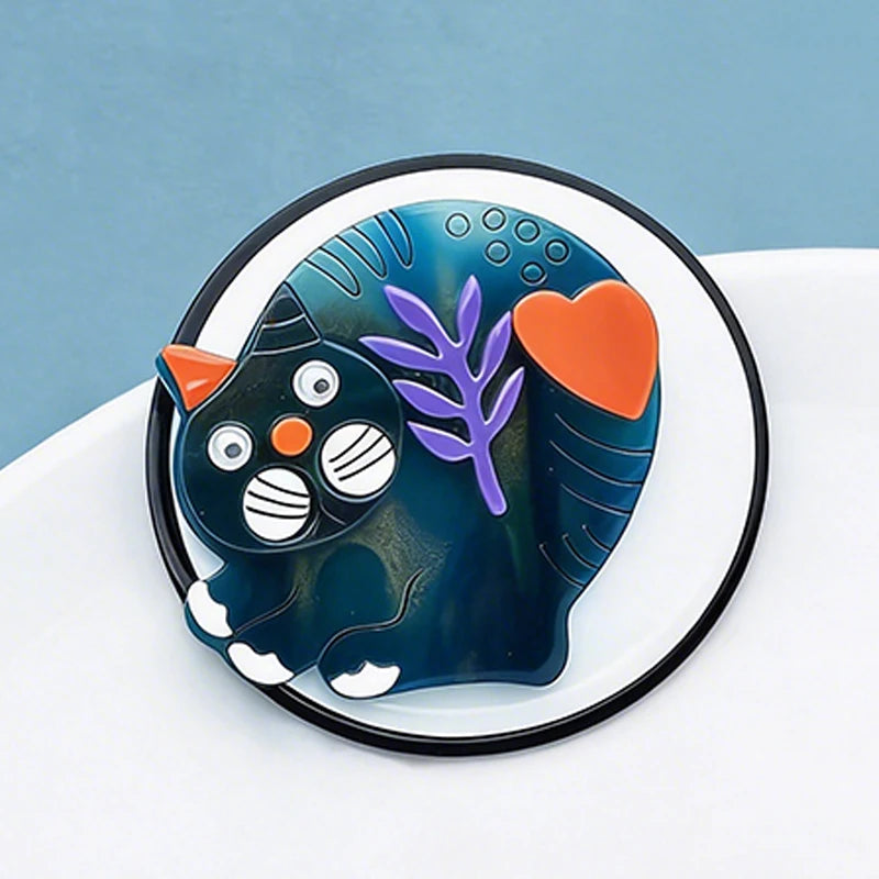 Wuli&baby New Movable Cat Round Brooches For Women Unisex Acrylic Lovely Pets Animal Badge Brooch Pins Gifts