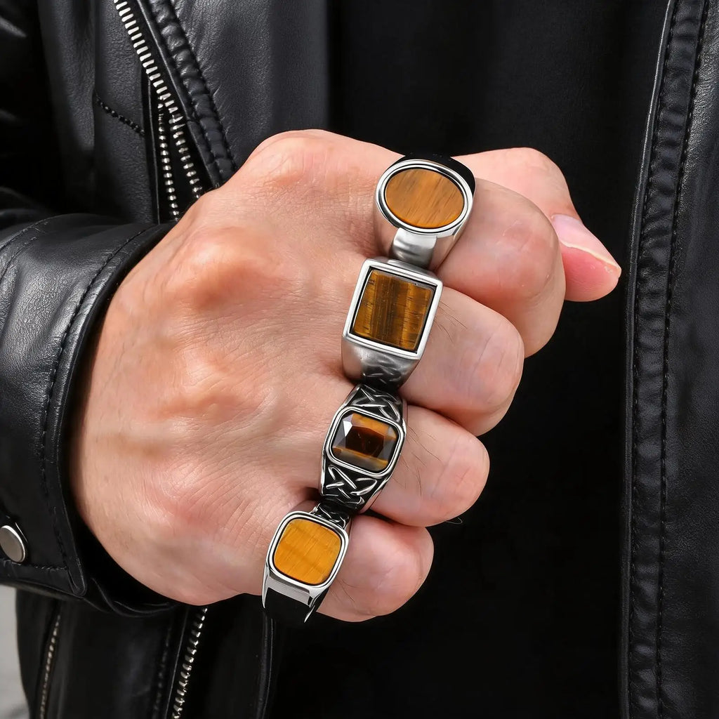 Punk Tiger Eye Stone Signet Ring for Men,Vintage Stainless Steel Natural Stone Round Sqare Ring,Stylish Causal Male Jewelry