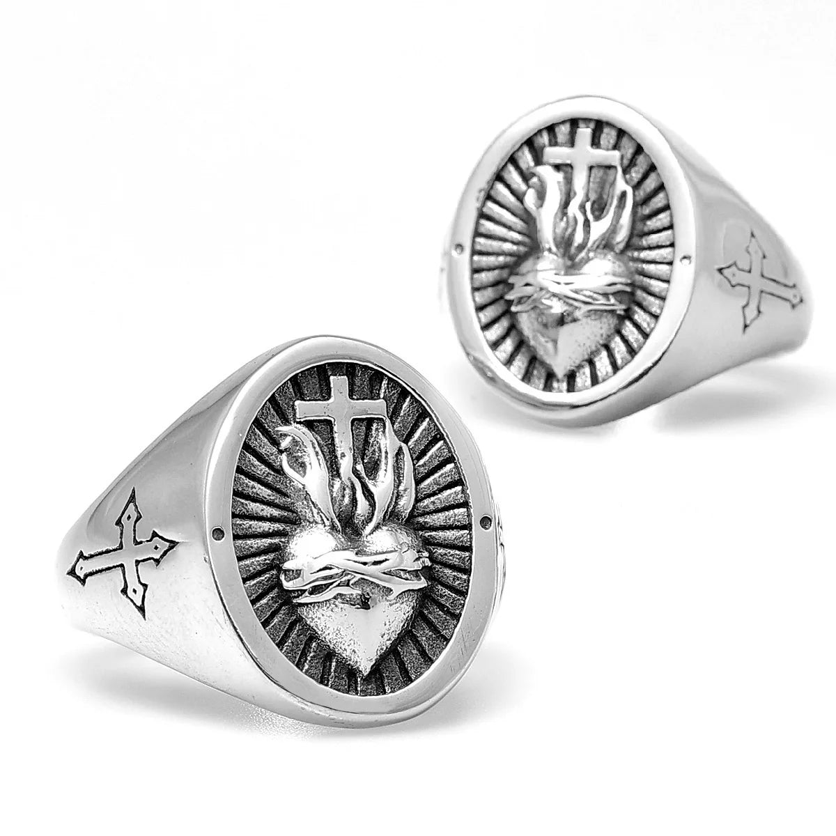Heart of God Religious Cross Stainless Steel Mens Rings Punk Amulet for Male Boyfriend Biker Jewelry Creativity Gift Wholesale